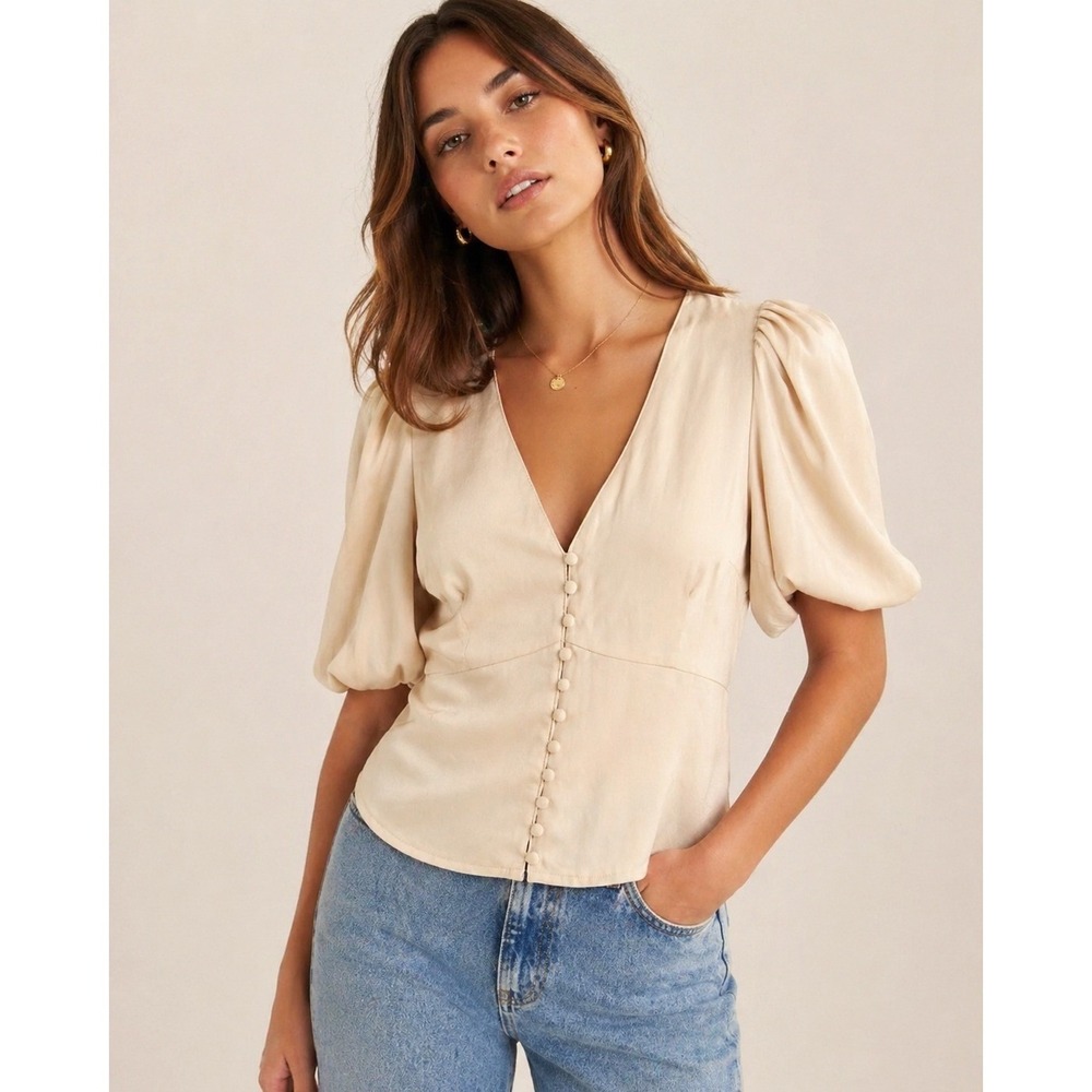 Abercrombie & Fitch Womens Champagne Satin Puff Sleeve Button Front Blouse S